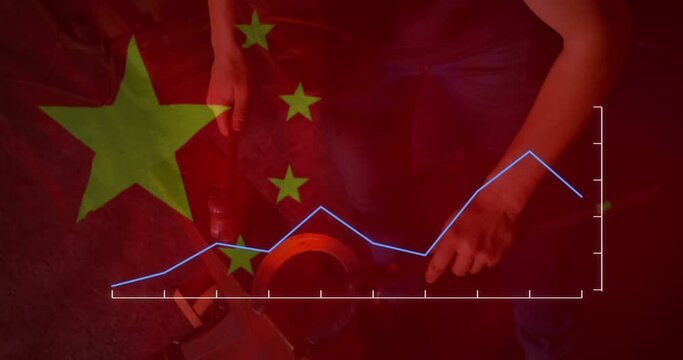 Animation of financial data processing, flag of china over worker in factory