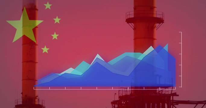 Animation of flag of china and financial data processing over factory