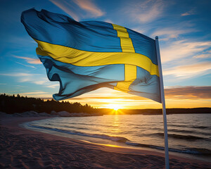 Sunset over Yellow and Blue Swedish Flag on the Shore