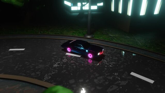 3D model of the car is driving. looped animated composition. night city concept. 3d render
