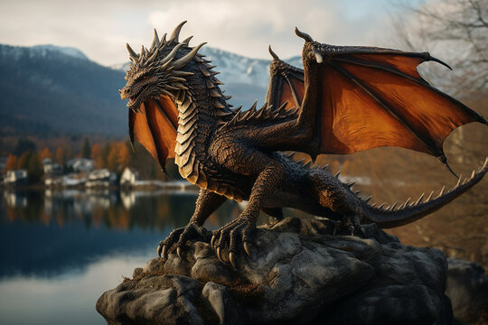 A dragon on a stone by a river
