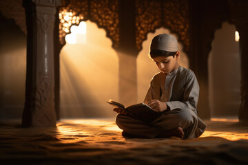 muslim religious little boy reading holy book quran - obrazy, fototapety, plakaty