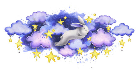 A cute gray bunny sleeps on the clouds among the stars against the background of the night sky. Watercolor illustration children's hand drawn. Isolated composition on white background.
