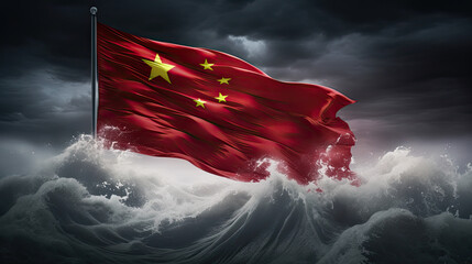 Chinas National Icon: The Red Five-Star Flag Waving Proudly in the Wind