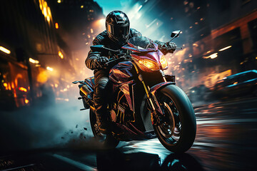 motorcyclist racer drives a sports motorcycle fast on road in the city at night. Motion blur, speed