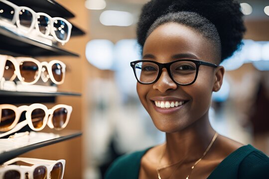 Close-up of a gorgeous young black woman smiling while choosing eyeglasses at an optician in a shopping mall. Happy beautiful woman shopping for glasses