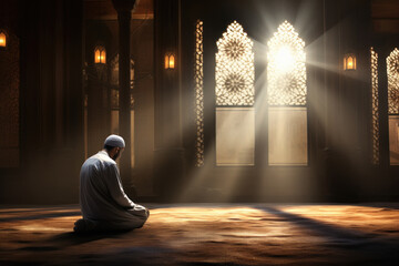 Muslim religious man praying at mosque - obrazy, fototapety, plakaty