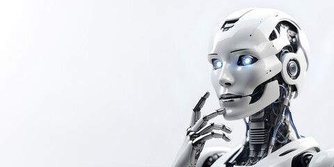 Thinking AI robot with glowing eyes on white background - 663919876