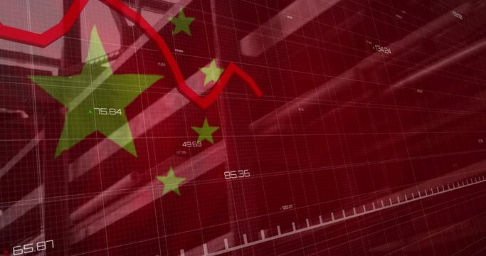 Animation of financial data processing, flag of china over factory