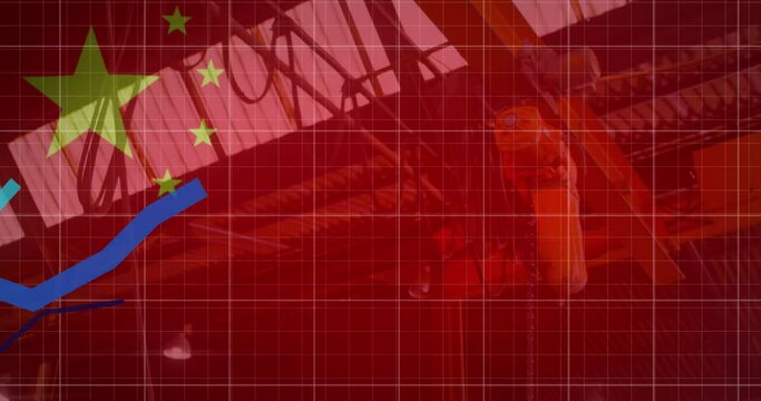 Animation of financial data processing, flag of china over factory