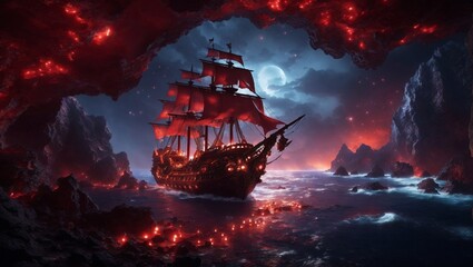 a breathtaking 8K photorealistic wallpaper, where a majestic pirate ship sets sail above the fiery...