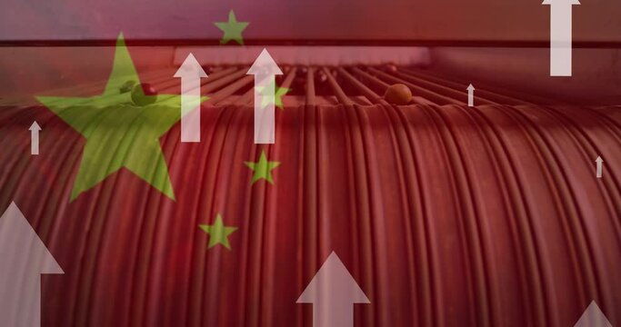 Animation of white arrows, flag of china over factory