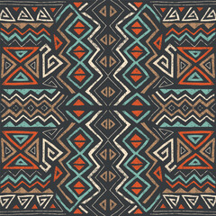 African ethnic seamless pattern in tribal style. Trendy abstract geometric background with grunge texture. Unique design elements for textile, banner, cover, wallpaper, wrapping - 663920616