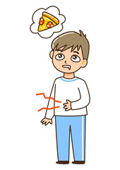 Cute cartoon hungry boy isolated on white thinks about pizza