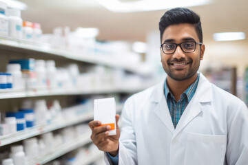 Indian man pharmacist working at his pharmacy store - obrazy, fototapety, plakaty