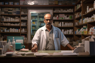 Indian man pharmacist working at his pharmacy store