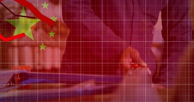 Animation of financial data processing, flag of china over male worker in factory