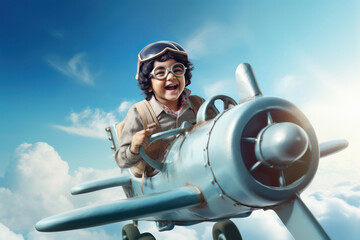 cute boy flying a plane toy