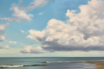 Solitude by the Sea: A Majestic Seascape in Oils, Embracing Vast Skies and Endless Horizons