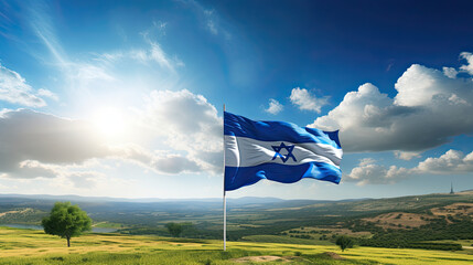 Beautiful countryside with the Israeli flag in the foreground - Generative AI
