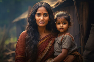 Indian villagers mother with her daughter - obrazy, fototapety, plakaty