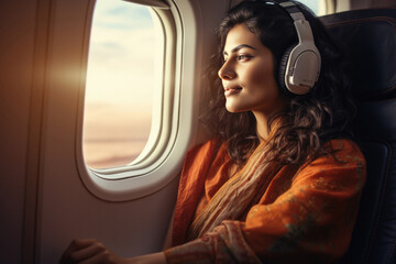 Young woman traveler listening music with headphone in air plane