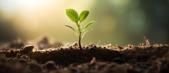 Emerging Hope: A Vibrant Green Seedling Sprouting from the Soil - obrazy, fototapety, plakaty