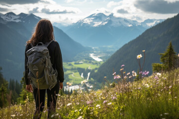 Fototapeta na wymiar Young woman hiker standing on mountain