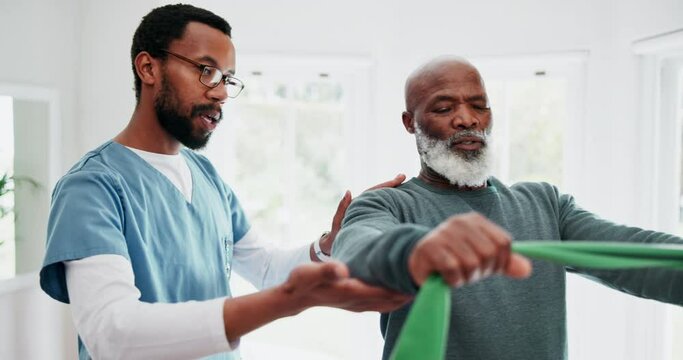 Senior man, physiotherapy and stretching band with doctor support in physical therapy, rehabilitation and healthcare. Medical nurse, people or chiropractor helping elderly patient with shoulder pain