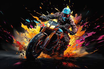 Graffiti with a male biker motorcyclist racer on sports motorcycle bike