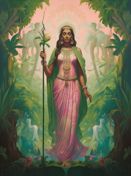 Indian woman in traditional clothes, mystical beings, samikshavad, flowers, harmony with nature, light magenta and light green