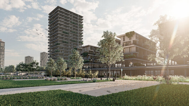 Sustainable Urban Living: Modern Building Complex Amidst Green Park