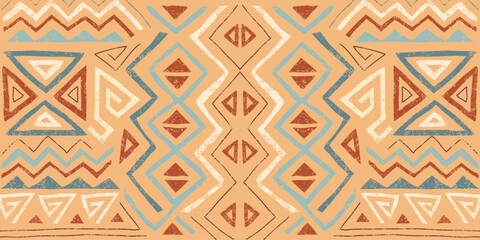 African ethnic seamless pattern in tribal style. Trendy abstract geometric background with grunge texture. Unique design elements for textile, banner, cover, wallpaper, wrapping