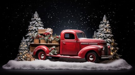 Classic Red Pickup Decked for Christmas