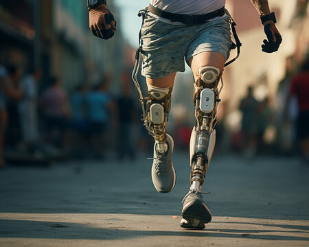 Low angle view at disabled young man with prosthetic leg walking on the street