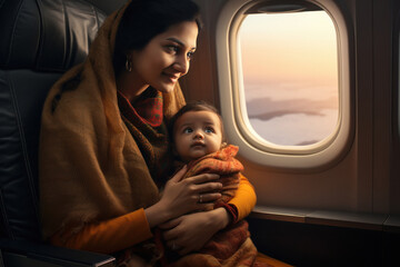 woman sitting in airplane with little baby - obrazy, fototapety, plakaty
