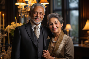 Senior couple standing together at luxury home - obrazy, fototapety, plakaty