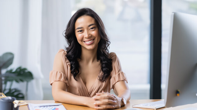 Mujer asiática sentada en su escritorio sonriendo. Tiene su computador y está mirando feliz