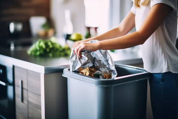 Woman trowing garbage in dustbin at modern kitchen - obrazy, fototapety, plakaty