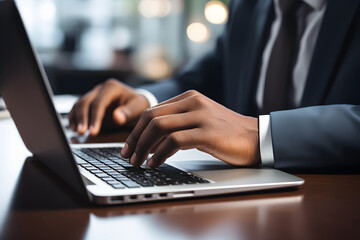 Close up businessman hand typing on a laptop. Business concept