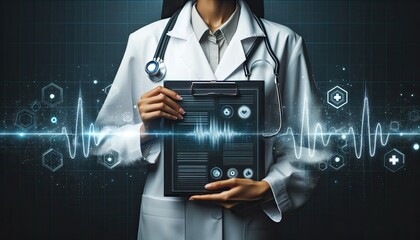 Female Doctor Holding Clipboard with Digital Patient Records in Healthcare System PII Concept
