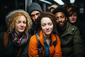 a diverse group of friends riding on a subway train together