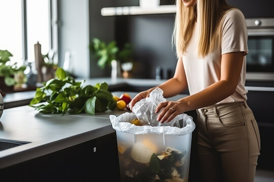 Woman trowing garbage in dustbin at modern kitchen