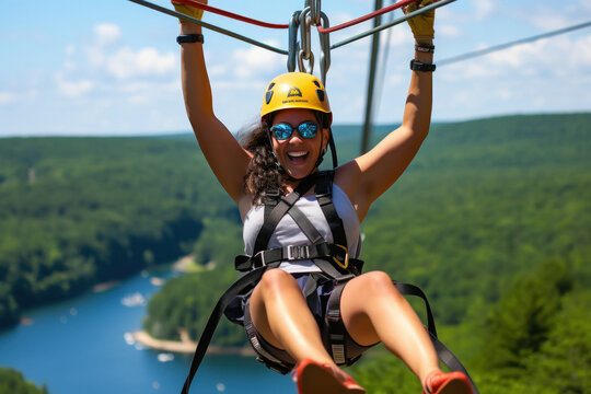 Happy young female tourist riding on zipline in forest