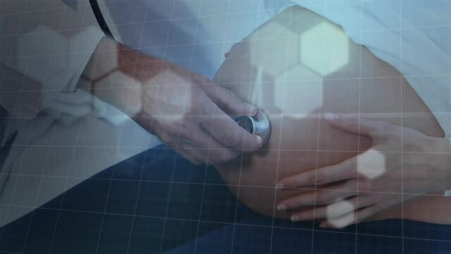 Heartbeat and lights over caucasian female doctor using stethoscope on pregnant belly of patient