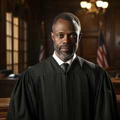 Fair African American Judge in Robes Sitting in the Courtroom