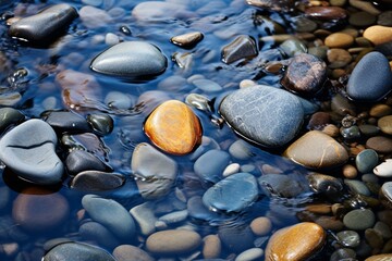 Close-up of stream pebble with serene flowing water. Generative AI - obrazy, fototapety, plakaty