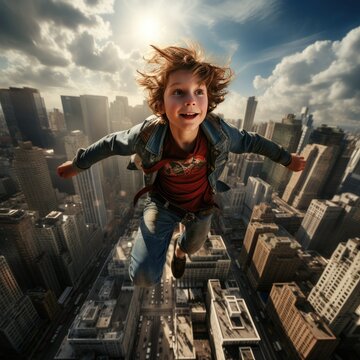Heroic Fearless Boy Superhero Flying through Skyline and Skyscrapers Brave Imagination and Uplifting Concept