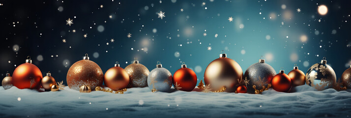 Chrismas banner decoration with ornament over blur background. Copy Space