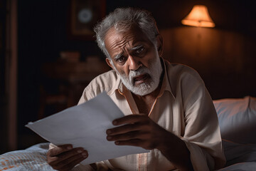 Senior indian man giving shocking expression after looking some paper - obrazy, fototapety, plakaty